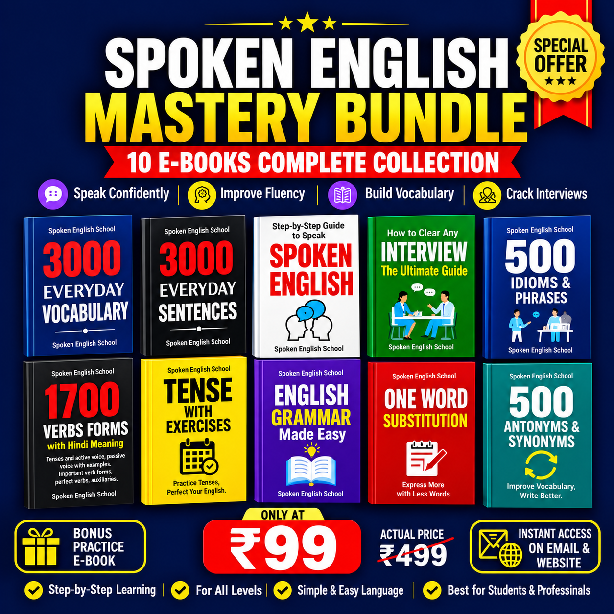 Spoken English Mastery Bundle – 10 Hindi → English E-Books